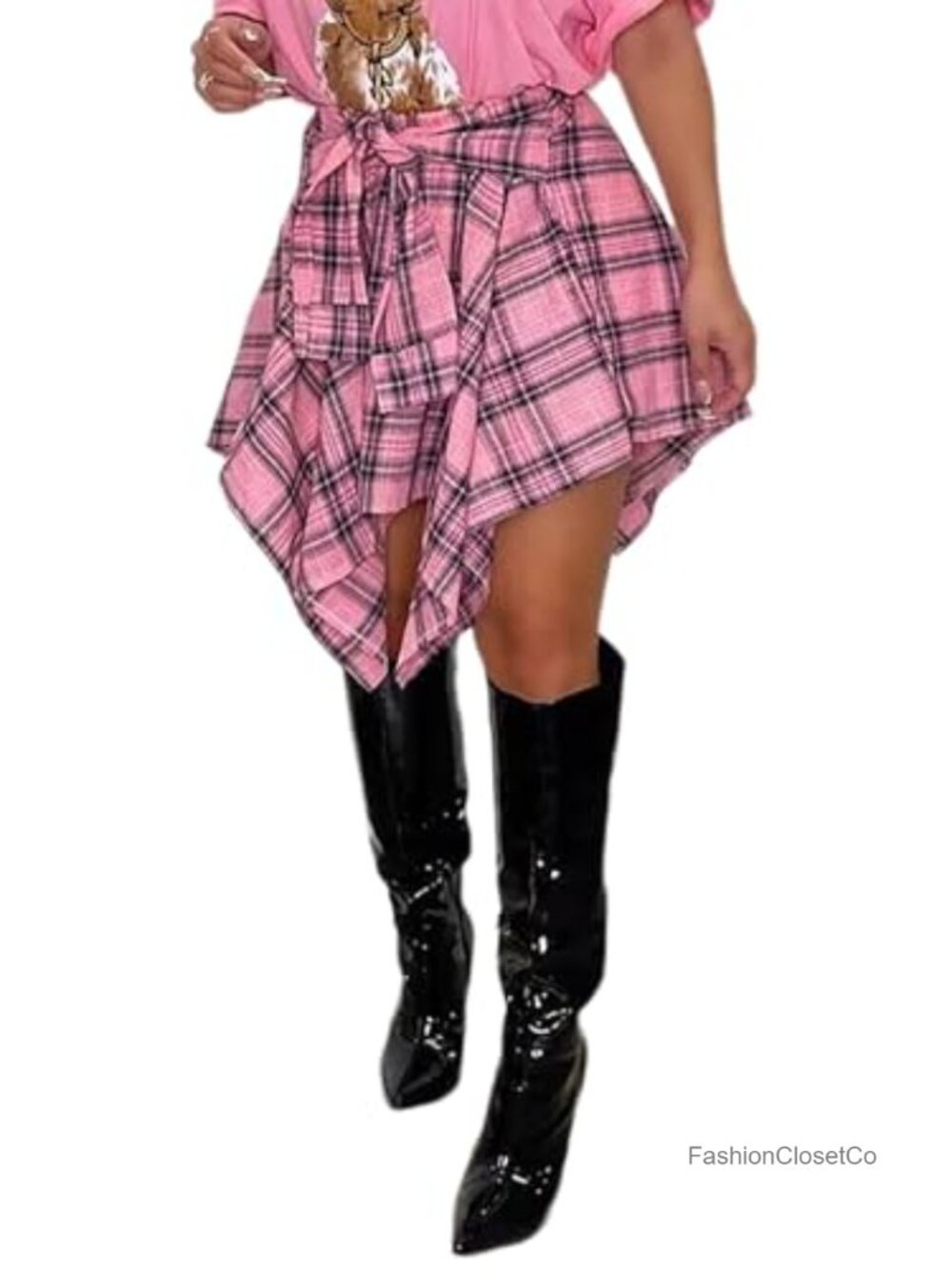 Women's Plaid Skirts Elastic High Waist Knot Front Pleated Mini Skirt